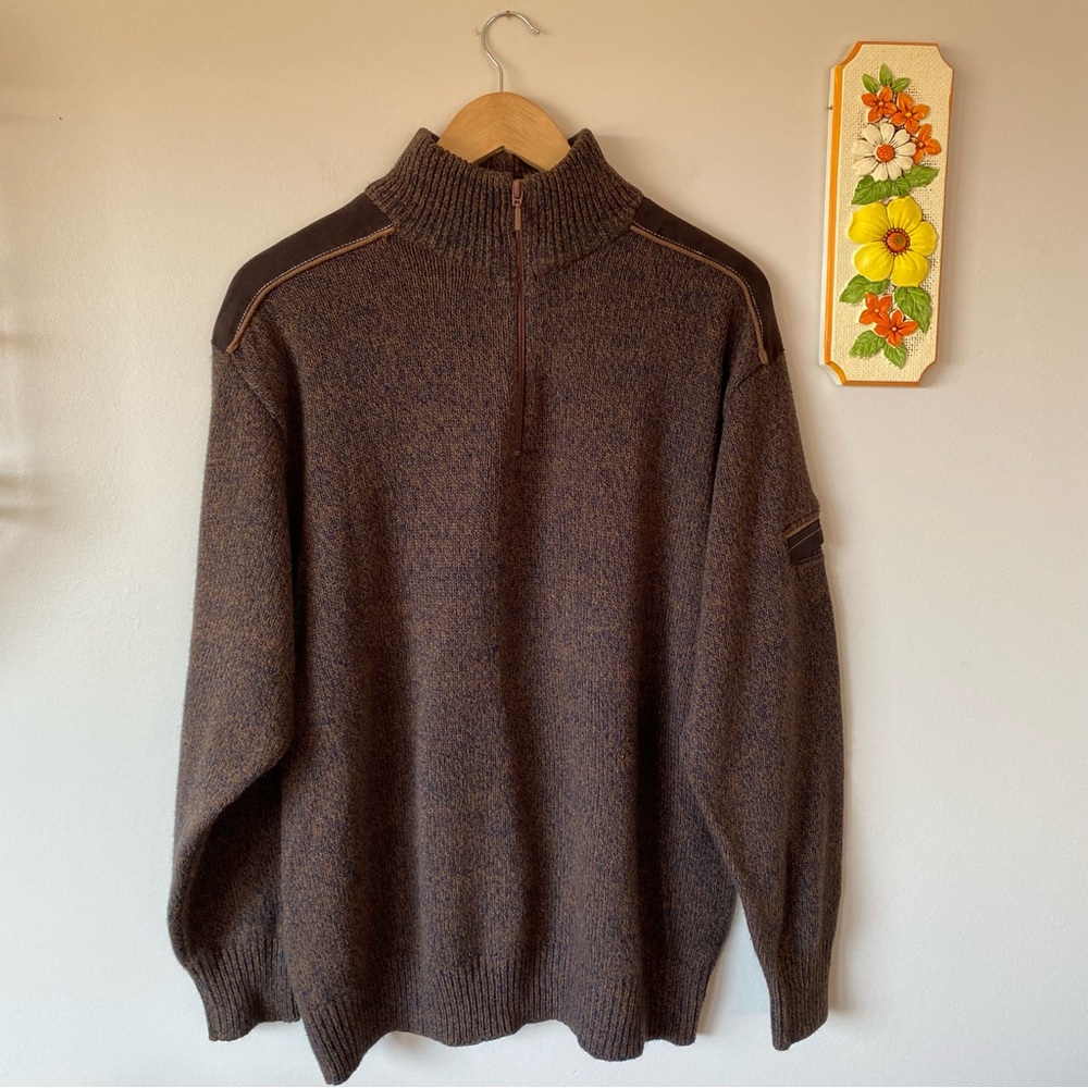 Vintage 90s Brown Half Zip Sweater with Suede Shoulders
